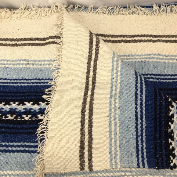 Aztec Mexican Woven Southwestern Blanket Throw Fringed 58”x 80” Blue Beige Black - Picture 5 of 5
